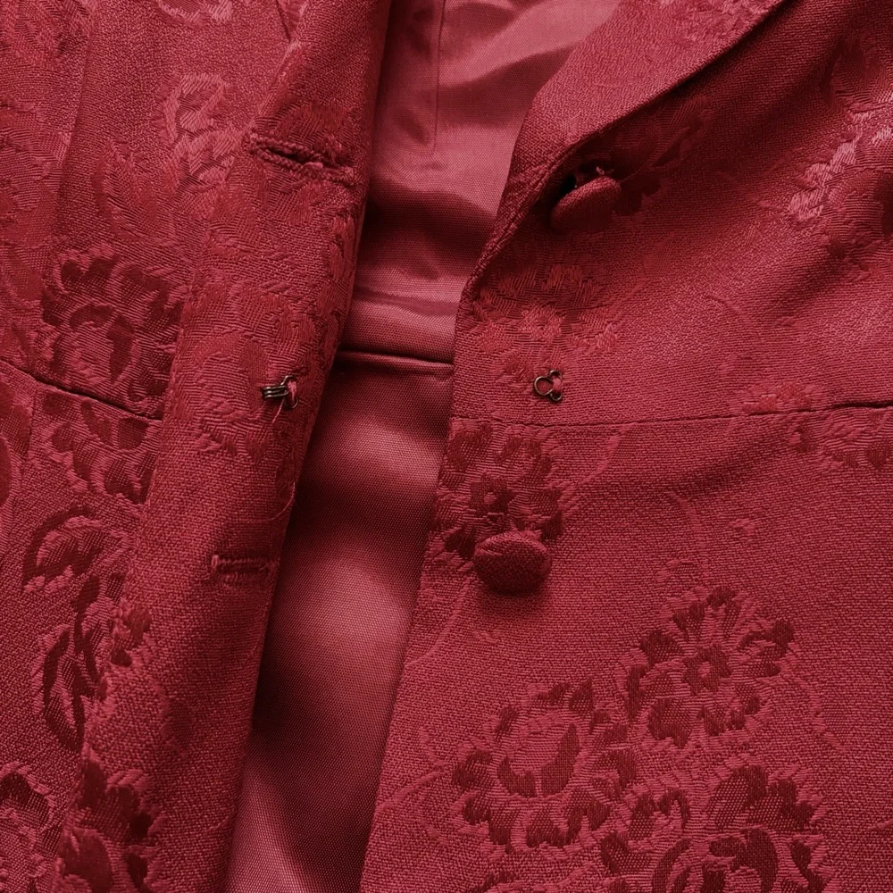 Moda International VTG 90s burgundy red floral long duster blazer size 8 - Picture 4 of 14